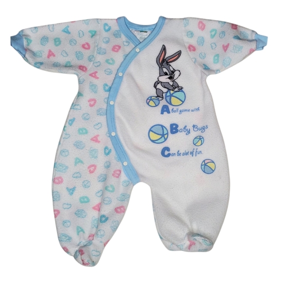 Vintage Baby Looney Tunes One-piece Snap Sleeper Footie White|Blue 3-6 Months - Picture 1 of 5